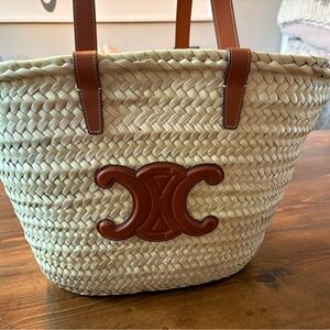 Celine Brown Leather Trim Woven Tote Bag